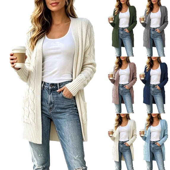 Diufon Cable Knit Cardigan Women Long Sleeve Cozy Chunky Knit Open Front Sweater with Pockets Going Out Fall Winter Long Jackets