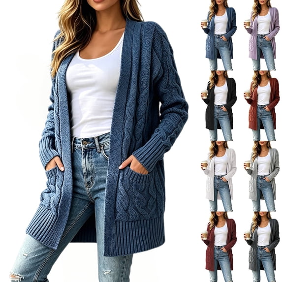 Diufon Cable Knit Cardigan Women Long Sleeve Cozy Chunky Knit Open Front Sweater with Pockets Going Out Fall Winter Long Jackets