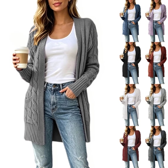 Diufon Cable Knit Cardigan Women Long Sleeve Cozy Chunky Knit Open Front Sweater with Pockets Going Out Fall Winter Long Jackets