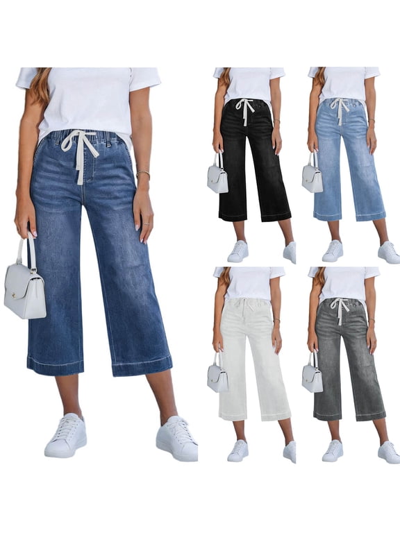 Capri Jeans for Women Casual Wide Leg Drawstring Waist Capris Spring Summer Fashion Denim Pants with Pockets