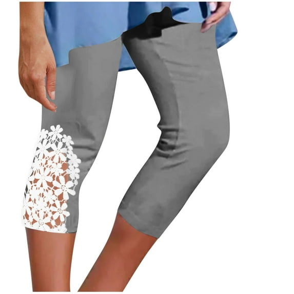Diufon Capri Leggings for Women Elastic High Waisted Floral Lace Patchwork Stretch Soft Cropped Capri Pants