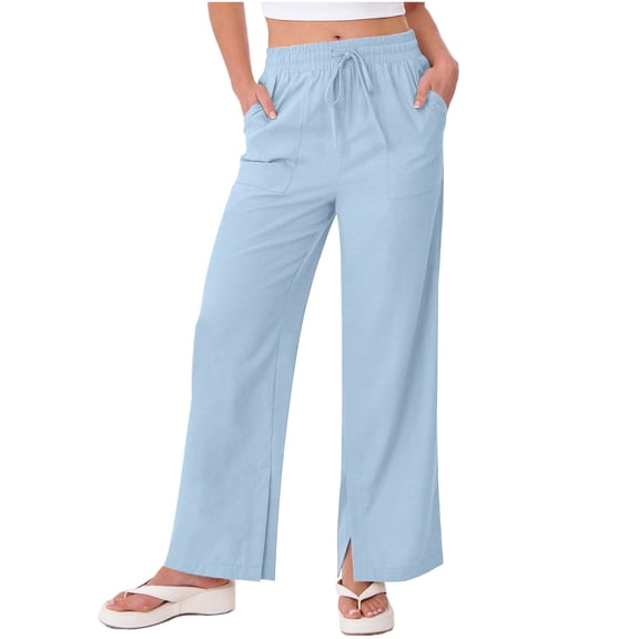 Diufon Linen Pants Women Summer Drawstring High Waisted Palazzo Pants with Pockets Casual Wide Leg Trousers
