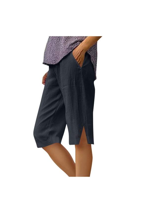 Capri Pants for Women Knee Length Cotton Linen Capris Summer Straight Leg Loose Beach Shorts with Pockets