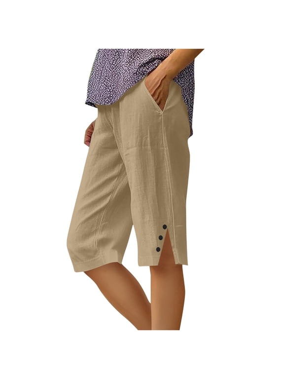 Capri Pants for Women Knee Length Cotton Linen Capris Summer Straight Leg Loose Beach Shorts with Pockets