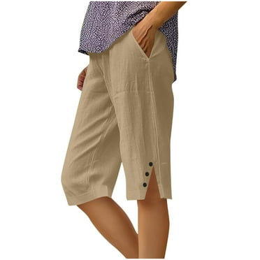 Diufon Capri Pants for Women Knee Length Cotton Linen Capris Summer Straight Leg Loose Beach Shorts with Pockets