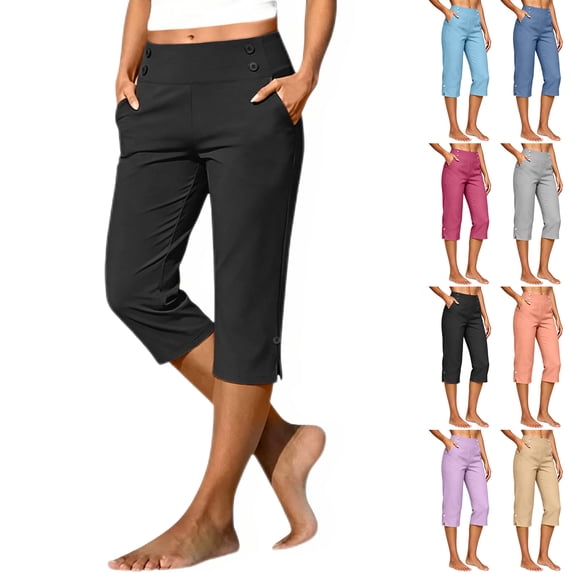 Diufon Womens Capri Pants for Golf, Yoga, Casual High Waisted Button Decor Straight Leg Dressy Capris with Pockets