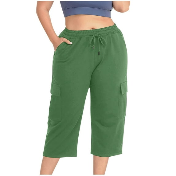 Diufon Cargo Pants Women Baggy Plus Size Summer Casual Drawstring Elastic High Waisted Capris with Pockets