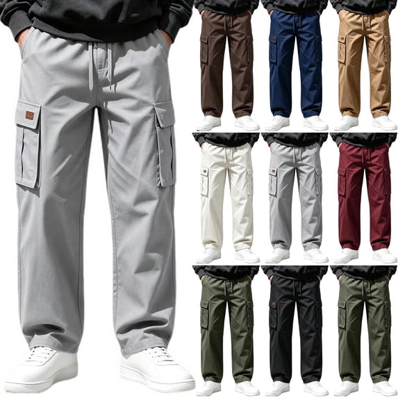 Diufon Cargo Pants for Men Drawstring Waisted Straight Leg Work Trousers with Multi Pockets for Outdoor & Streetwear