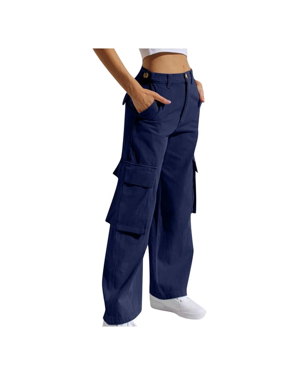 Cargo Pants for Women Casual Solid Color Denim Pants Button Down Wide Leg Pants with Pockets