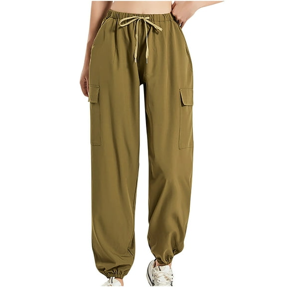 Diufon Cargo Pants for Women Elastic High Waist Drawstring Lounge Pants Trendy Pleated Sweatpants with Pockets