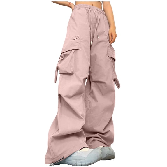 Diufon Cargo Pants for Women Elastic High Waist Palazzo Pants Drawstring Straight Pants with Pockets