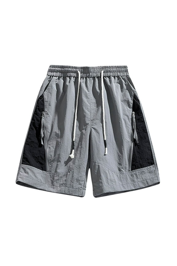 Cargo Shorts for Men Color Block Zipper Shorts Elastic Waist Drawstring Lounge Shorts