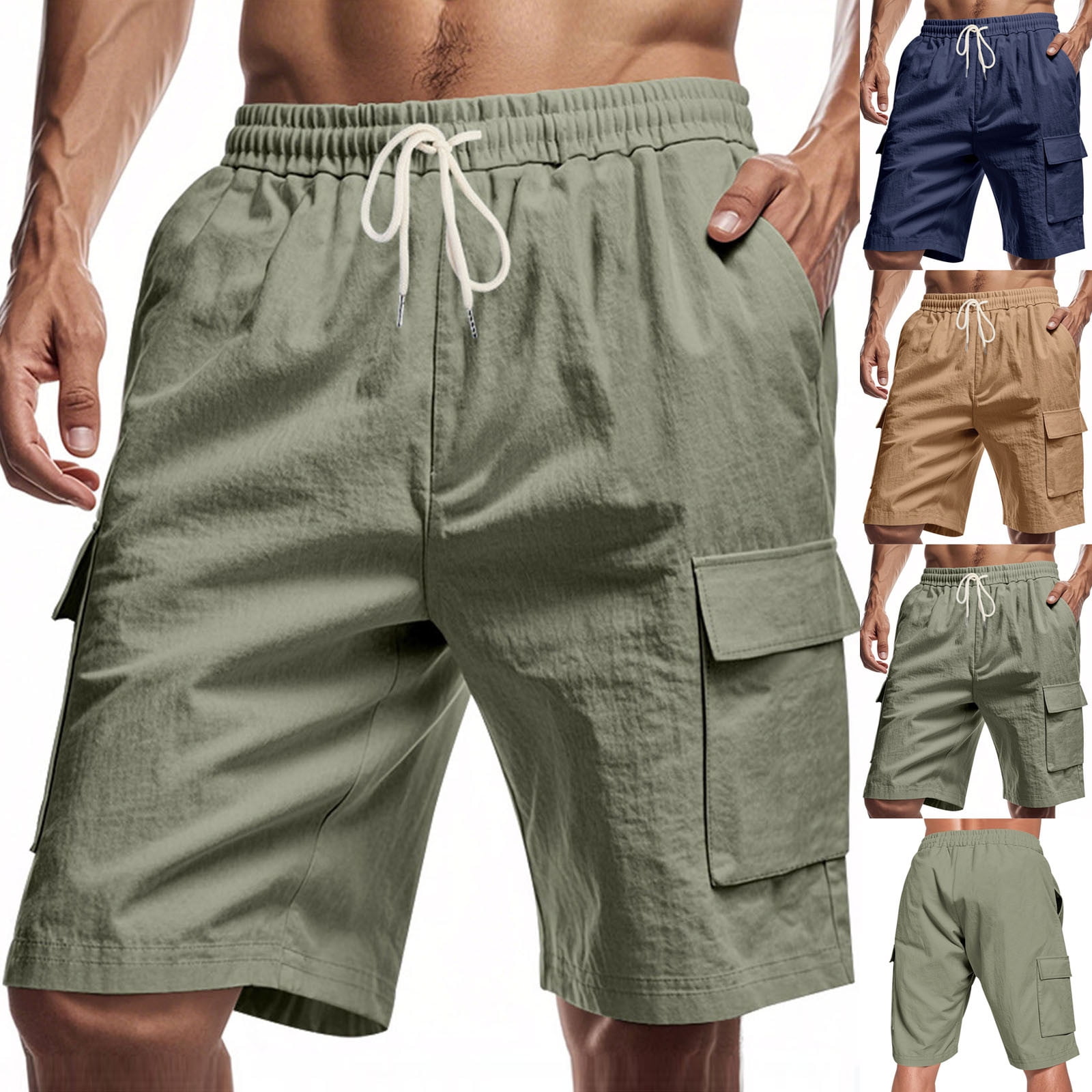 Diufon Mens Linen Cargo Shorts Casual Drawstring Shorts with Multi ...