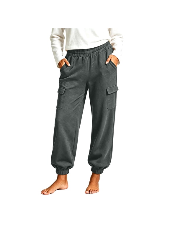Cargo Sweatpants for Women Elastic Waist Baggy Straight Leg Cuffed Pants Casual Hiking Joggers with Pockets
