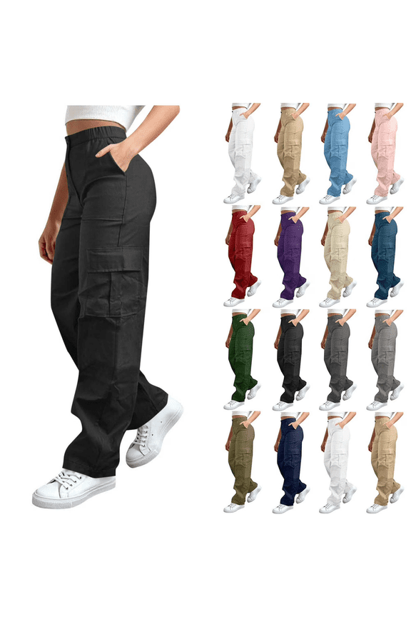 Womens Cargo Pants Elastic High Waisted Straight Leg Hiking Pants Athletic Trousers with Multi-Pockets