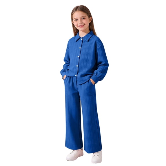 Diufon Casual 2 Piece Outfits for Girls Long Sleeve Loungewear Button Up Shirt Sets Solid Color Workout Clothing