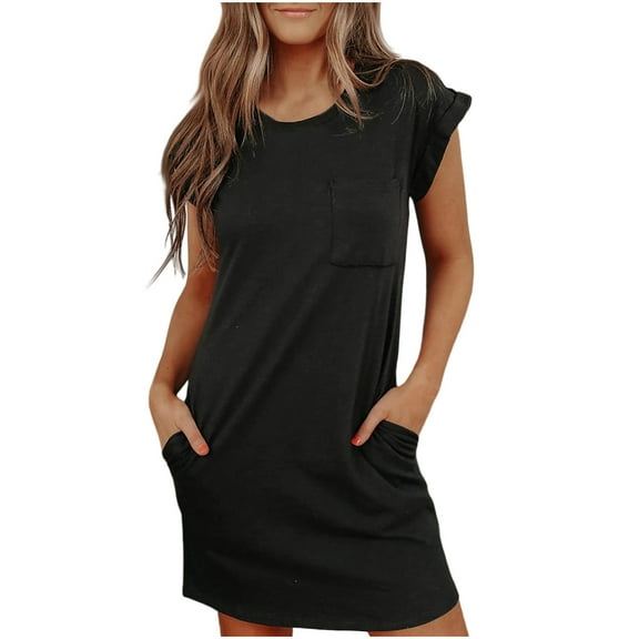 Diufon Casual Dresses for Women Round Neck Short Sleeve Dress Summer Solid Color Dress with Pockets