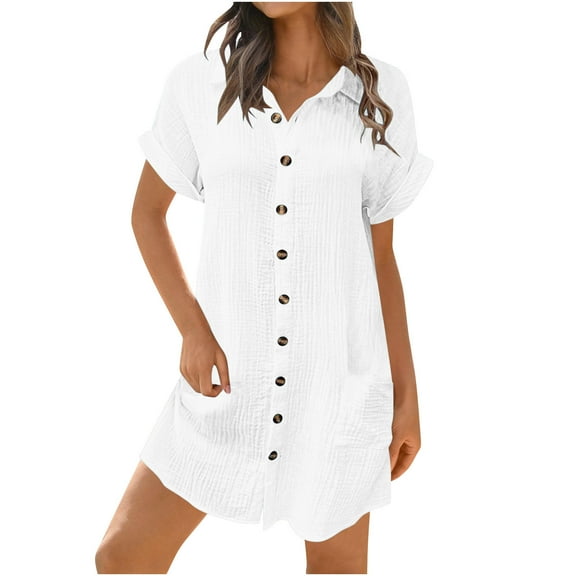 Diufon Casual Dresses for Women Solid Color Dress with Pockets Lapel Short Sleeve Button Down Dress