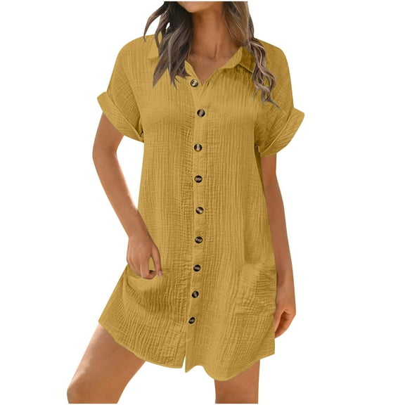 Diufon Casual Dresses for Women Solid Color Dress with Pockets Lapel Short Sleeve Button Down Dress