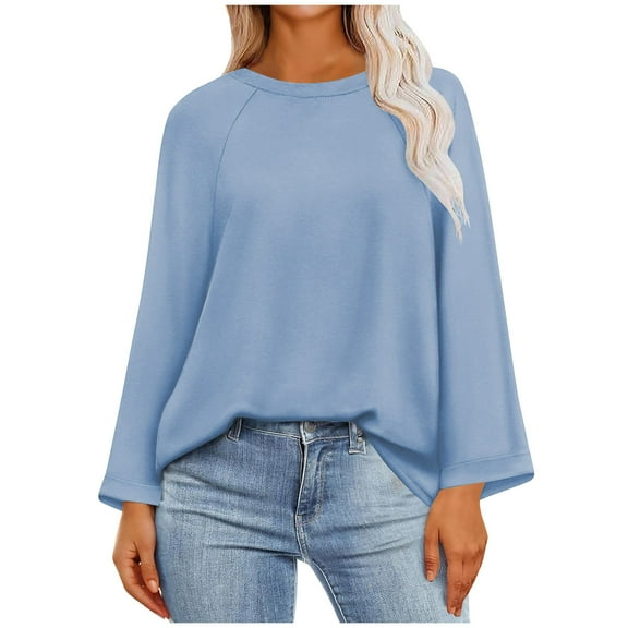Diufon Casual Fall Tops for Women Round Neck Long Sleeve Pullover Tops Solid Color Blouses