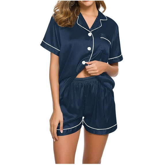 Diufon Casual Shorts Pjs Sets for Women Lapel Button Short Sleeve Tops Elastic Waist Loungewear Sets