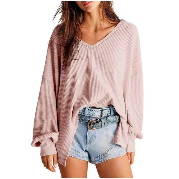 Diufon Casual Sweatshirts for Women Fall Solid Color Pullover Tops V Neck Long Sleeve Blouses
