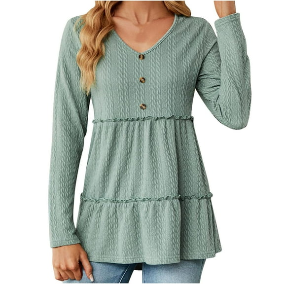 Diufon Casual Womens Long Sleeve Tops Fall V Neck Button Blouses Solid Color Loose A-Line Tops