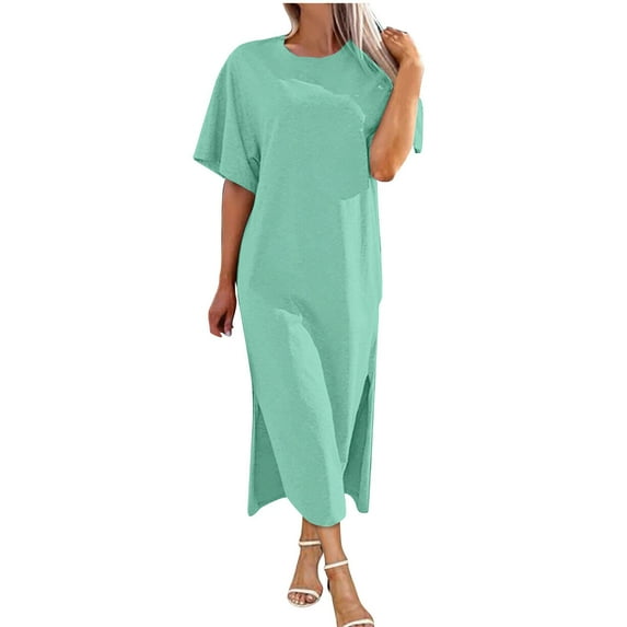 Diufon Casual Womens Maxi Dresses Summer Solid Color Dress Round Neck Short Sleeve Dress