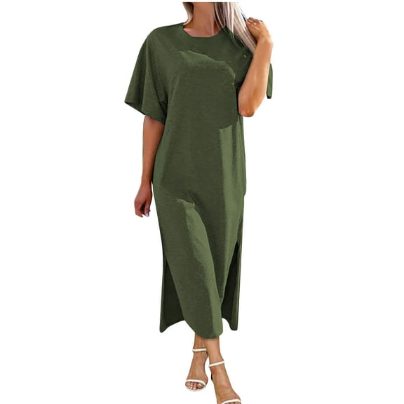 Diufon Casual Womens Maxi Dresses Summer Solid Color Dress Round Neck Short Sleeve Dress
