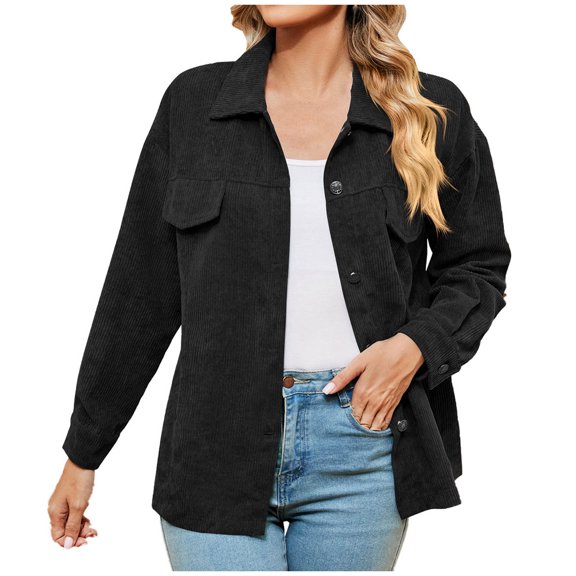 Diufon Casual Womens Shirts Solid Color Corduroy Jackets Long Sleeve Lapel Button Coats with Pockets