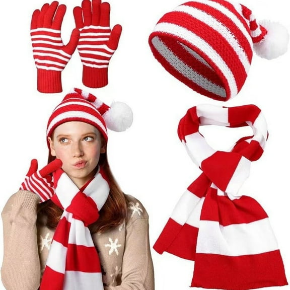 Diufon Christmas Hat Scarf Gloves Set Winter Santa Gifts Knitted Cap Striped Scarves and Gloves 3 Pieces for Adult