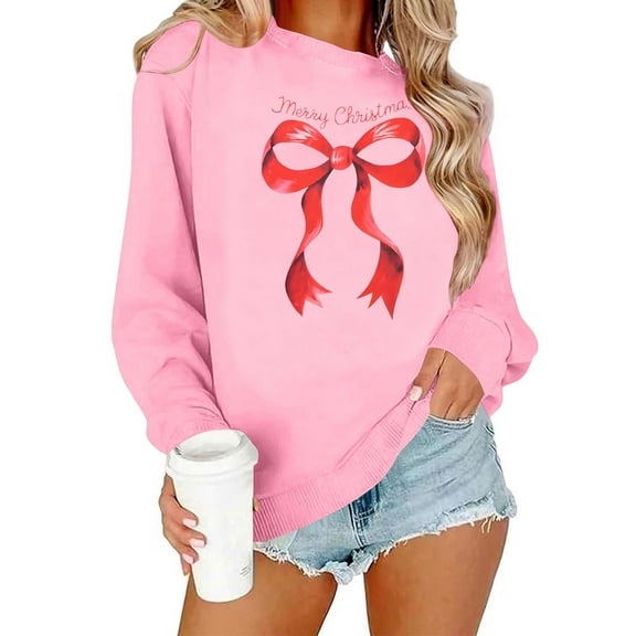 Diufon Christmas Sweatshirt for Women Cute Bow Printed Long Sleeve Crewneck Pullover Tops Fall Fashion Clothes