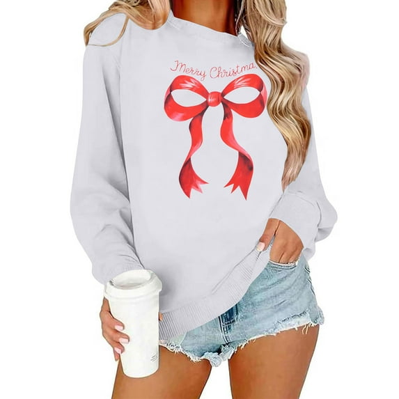 Diufon Christmas Sweatshirt for Women Cute Bow Printed Long Sleeve Crewneck Pullover Tops Fall Fashion Clothes