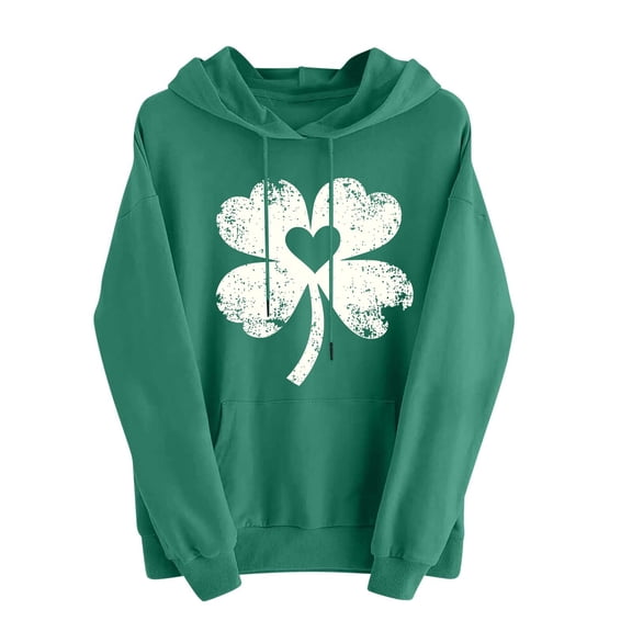 Diufon St Patricks Day Sweatshirt Women Long Sleeve Shamrock Printed Hooded Pullover Sweatshirts with Pockets