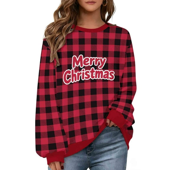 Diufon Christmas Sweatshirts for Women Plus Size Cute Graphic Plaid Sweatshirt Oversized Color Block Pullover Tops