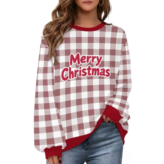 Diufon Christmas Sweatshirts for Women Plus Size Cute Graphic Plaid Sweatshirt Oversized Color Block Pullover Tops