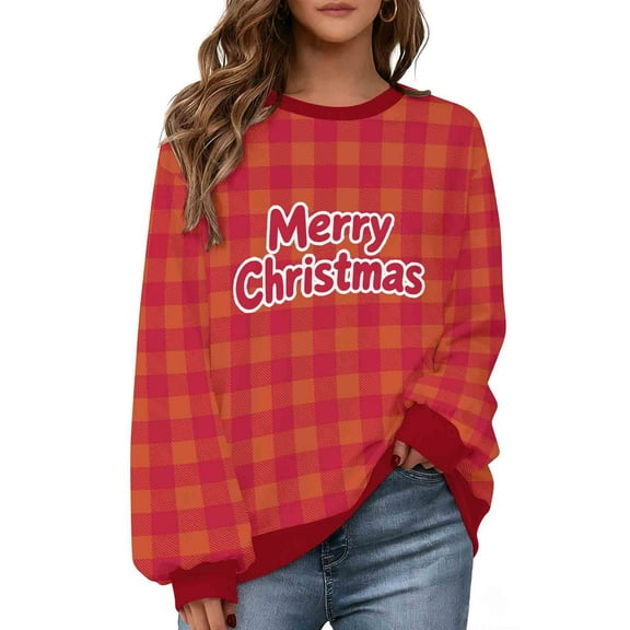 Diufon Christmas Sweatshirts for Women Plus Size Cute Graphic Plaid Sweatshirt Oversized Color Block Pullover Tops
