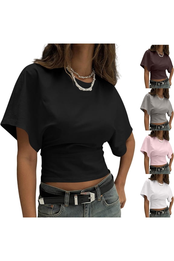 Cinched Waist Tops for Women Fashion Dolman Sleeve Ruched Shirts Short Sleeve Crewneck Going Out Top