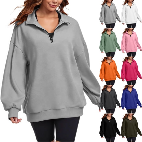 Diufon Womens Quarter Zip Pullover Long Sleeve Stand-up Collared Sweatshirt Fall Winter Half Zip Light-Fleece Tops