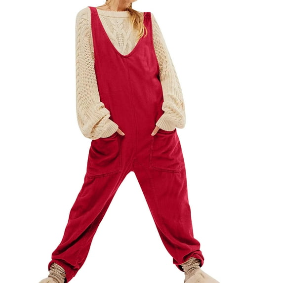 Diufon Corduroy Overalls for Women Casual Loose V Neck Wide Leg Jumpsuits Trendy Versatile Romper with Pockets