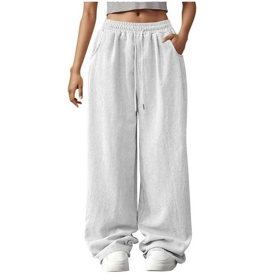 Diufon Corduroy Pants Women High Waisted Drawstring Lounge Trousers Wide Leg Baggy Sweat Pants with Pockets