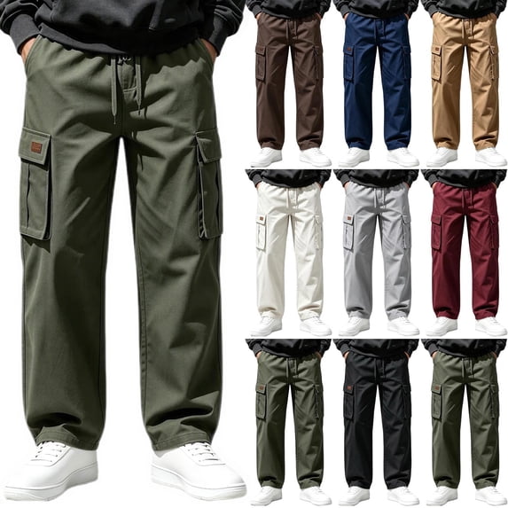 Diufon Cargo Pants for Men Elastic Waist Drawstring Straight Leg Loose Outdoor Hiking Pants with Multi Pockets