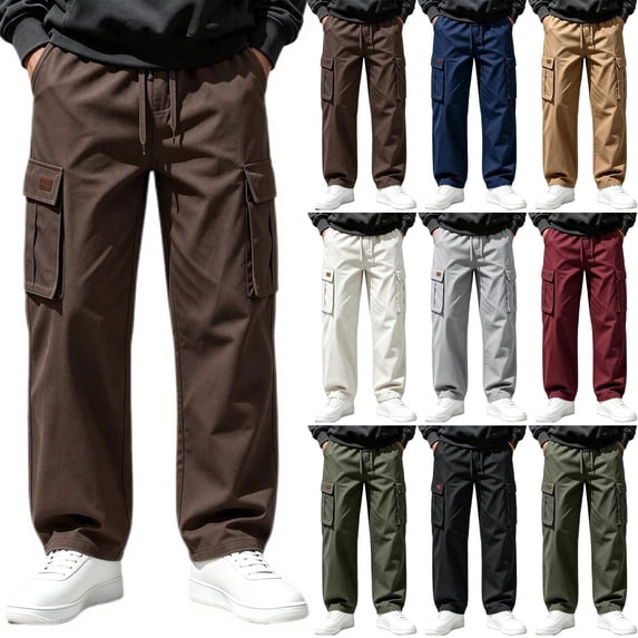 Diufon Cargo Pants for Men Elastic Waist Drawstring Straight Leg Loose Outdoor Hiking Pants with Multi Pockets