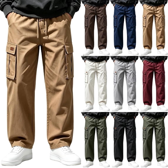 Diufon Cargo Pants for Men Elastic Waist Drawstring Straight Leg Loose Outdoor Hiking Pants with Multi Pockets
