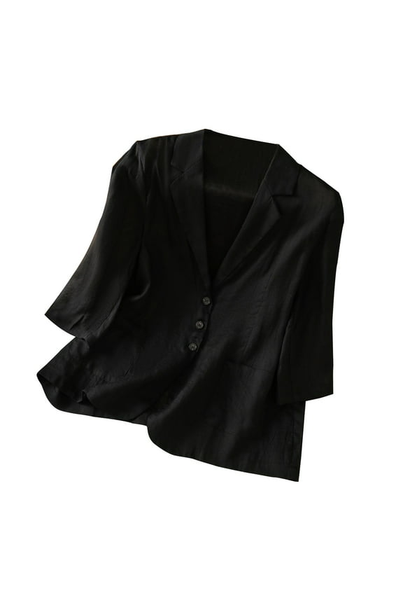 Cotton Linen Blazers for Women Solid Color Coats Lapel Button 3/4 Sleeve Blouses with Pockets