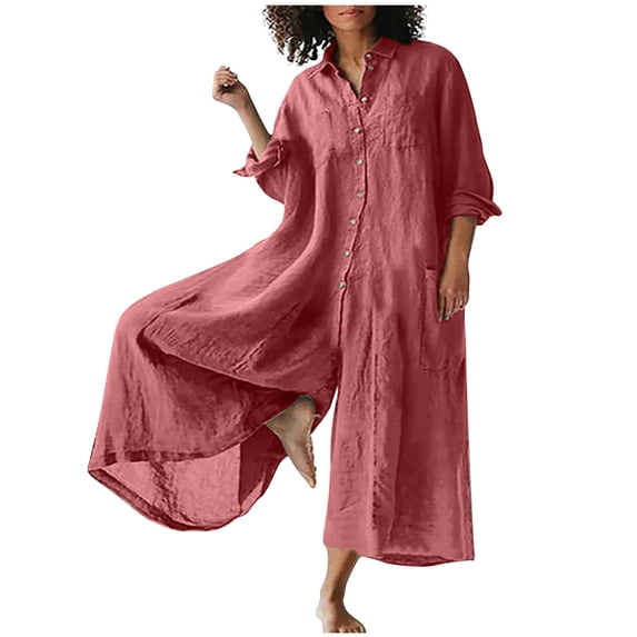 Diufon Cotton Linen Bodysuits for Women Long Sleeve Button Down Playsuits Wide Leg Overalls with Pockets