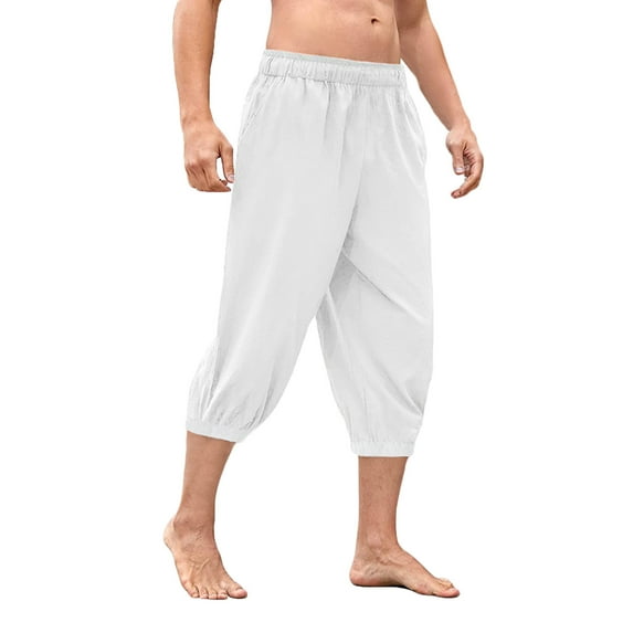 Diufon Cotton Linen Capris Pants Solid Color Knee Length Lounge Pants Elastic Waist Cinch Bottom Pants