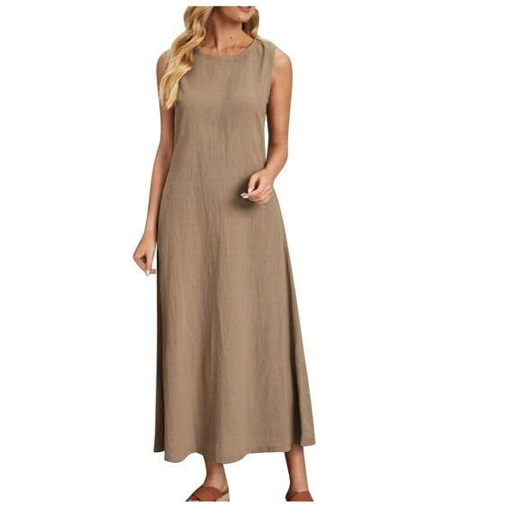 Diufon Cotton Linen Casual Dresses for Women Solid Color Maxi Dress Round Neck Sleeveless Dress