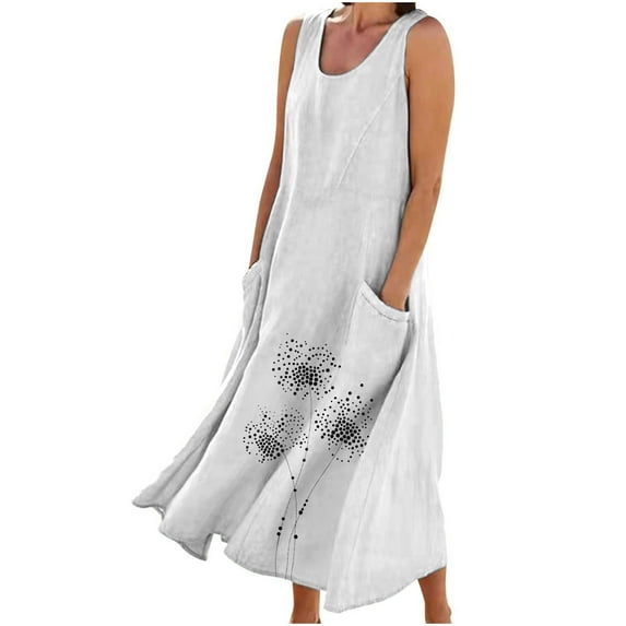 Diufon Cotton Linen Dresses for Women Crewneck Sleeveless Maxi Dress Printed Plus Size Dress