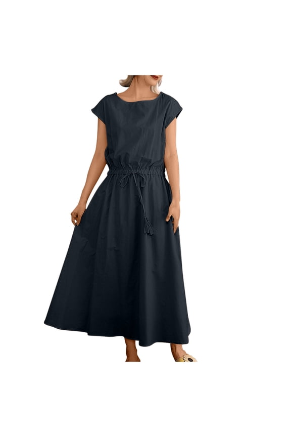 Cotton Linen Dresses for Women Elastic Waist Drawstring A-Line Dress Crewneck Cap Sleeve Dress